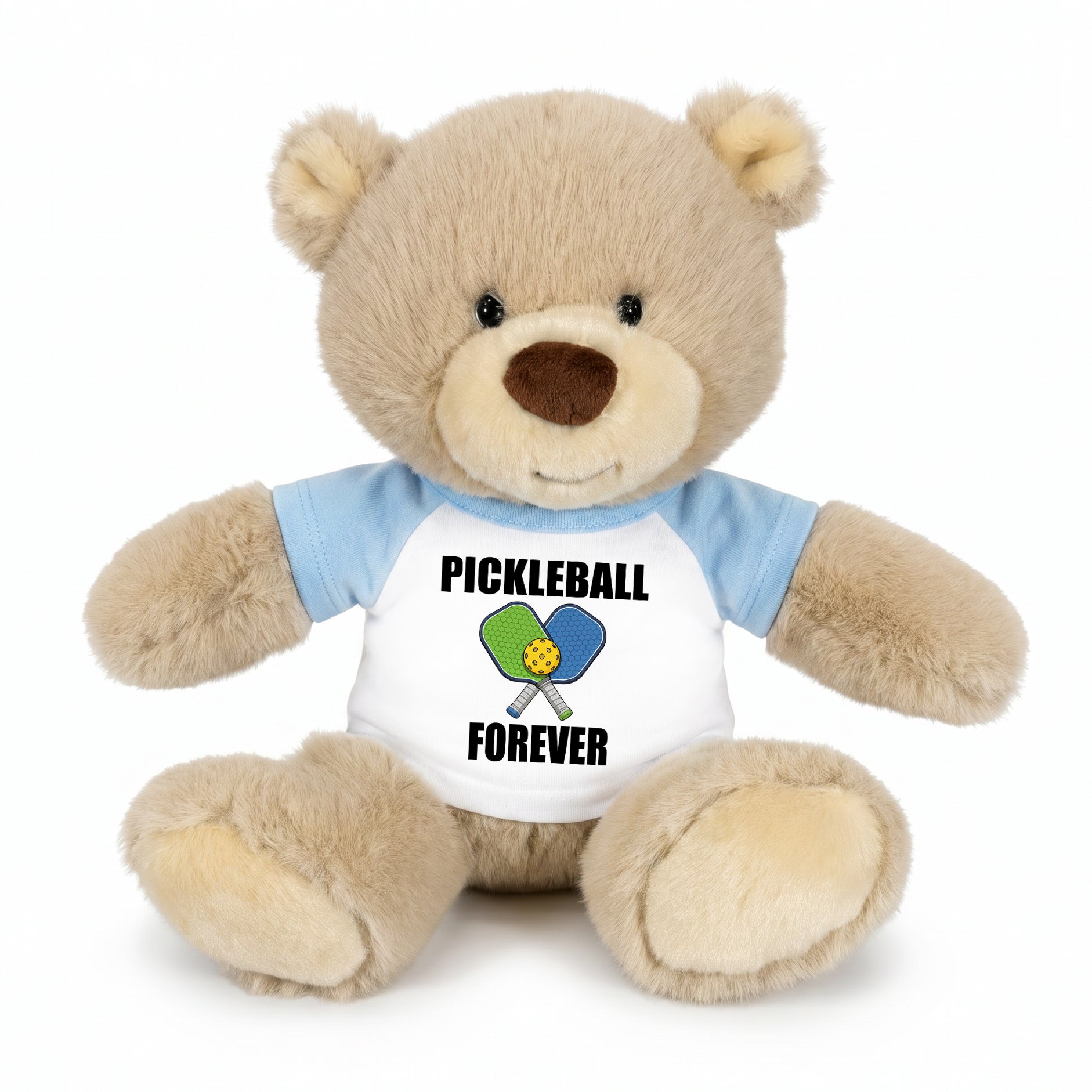 Personalized Pickleball Teddy Bear - 10" Tan Nuzzles Bear, Paddle Design - light blue sleeved shirt