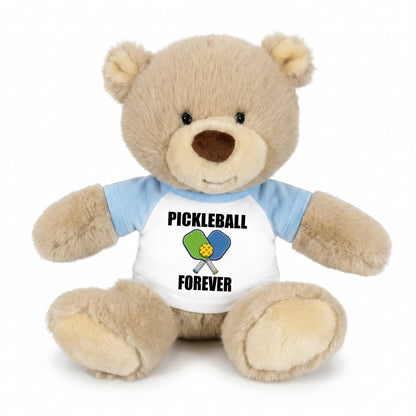 Personalized Pickleball Teddy Bear - 10" Tan Nuzzles Bear, Paddle Design - light blue sleeved shirt