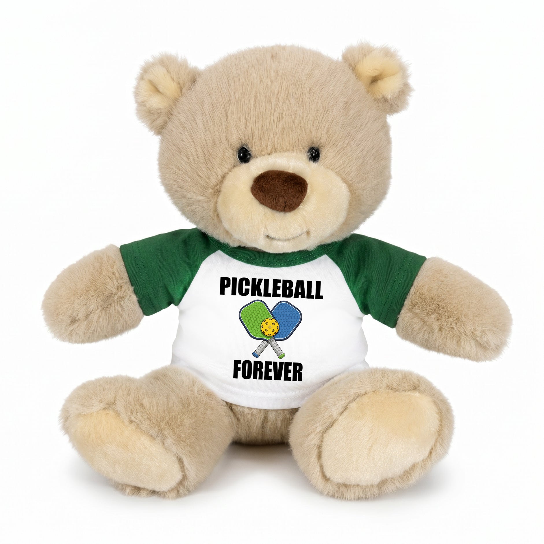 Personalized Pickleball Teddy Bear - 10" Tan Nuzzles Bear, Paddle Design - Green sleeved shirt