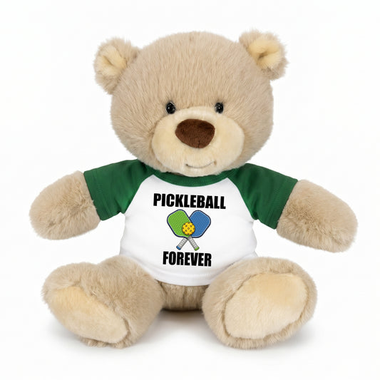 Personalized Pickleball Teddy Bear - 10" Tan Nuzzles Bear, Paddle Design - Green sleeved shirt