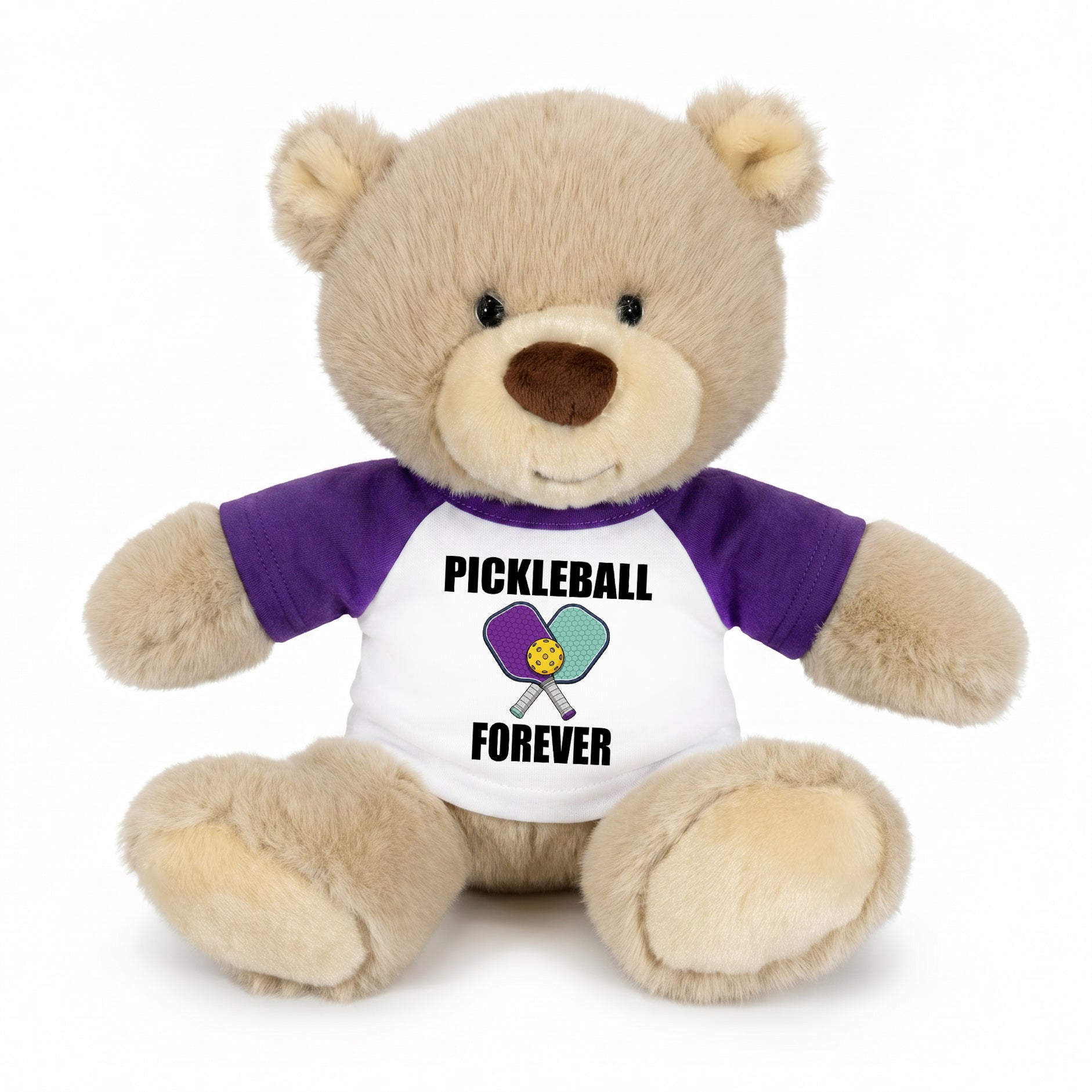 Personalized Pickleball Teddy Bear - 10" Tan Nuzzles Bear, Paddle Design - purple sleeved shirt
