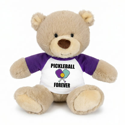 Personalized Pickleball Teddy Bear - 10" Tan Nuzzles Bear, Paddle Design - purple sleeved shirt
