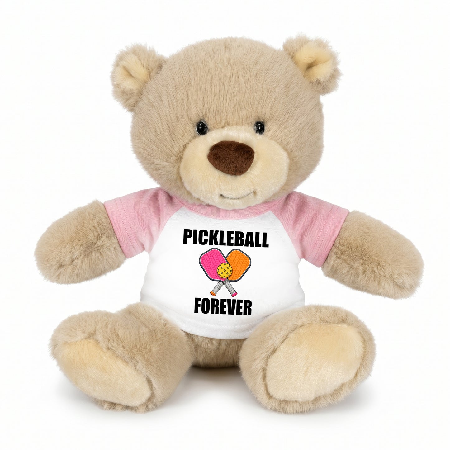 Personalized Pickleball Teddy Bear - 10" Tan Nuzzles Bear, Paddle Design - pink sleeved shirt