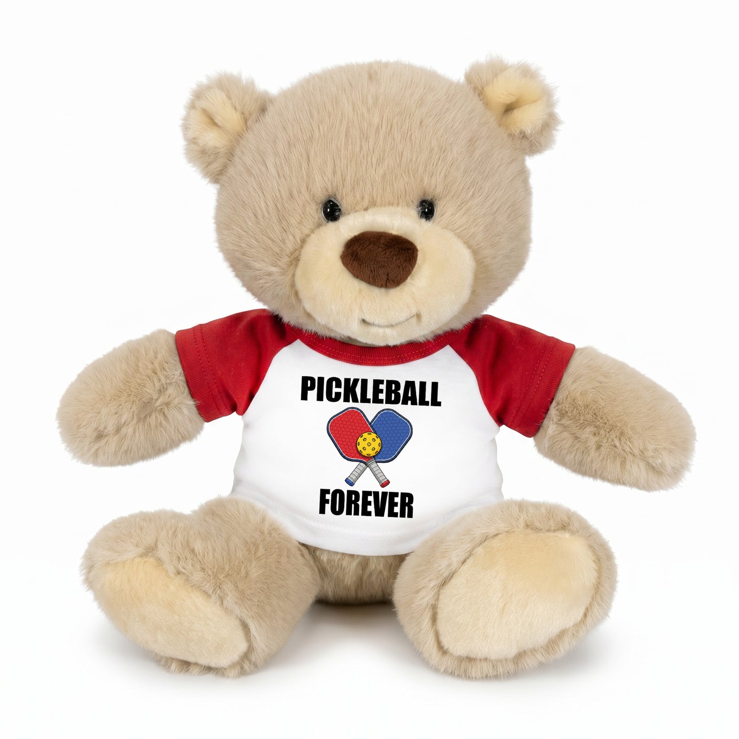 Personalized Pickleball Teddy Bear - 10" Tan Nuzzles Bear, Paddle Design - red sleeved shirt