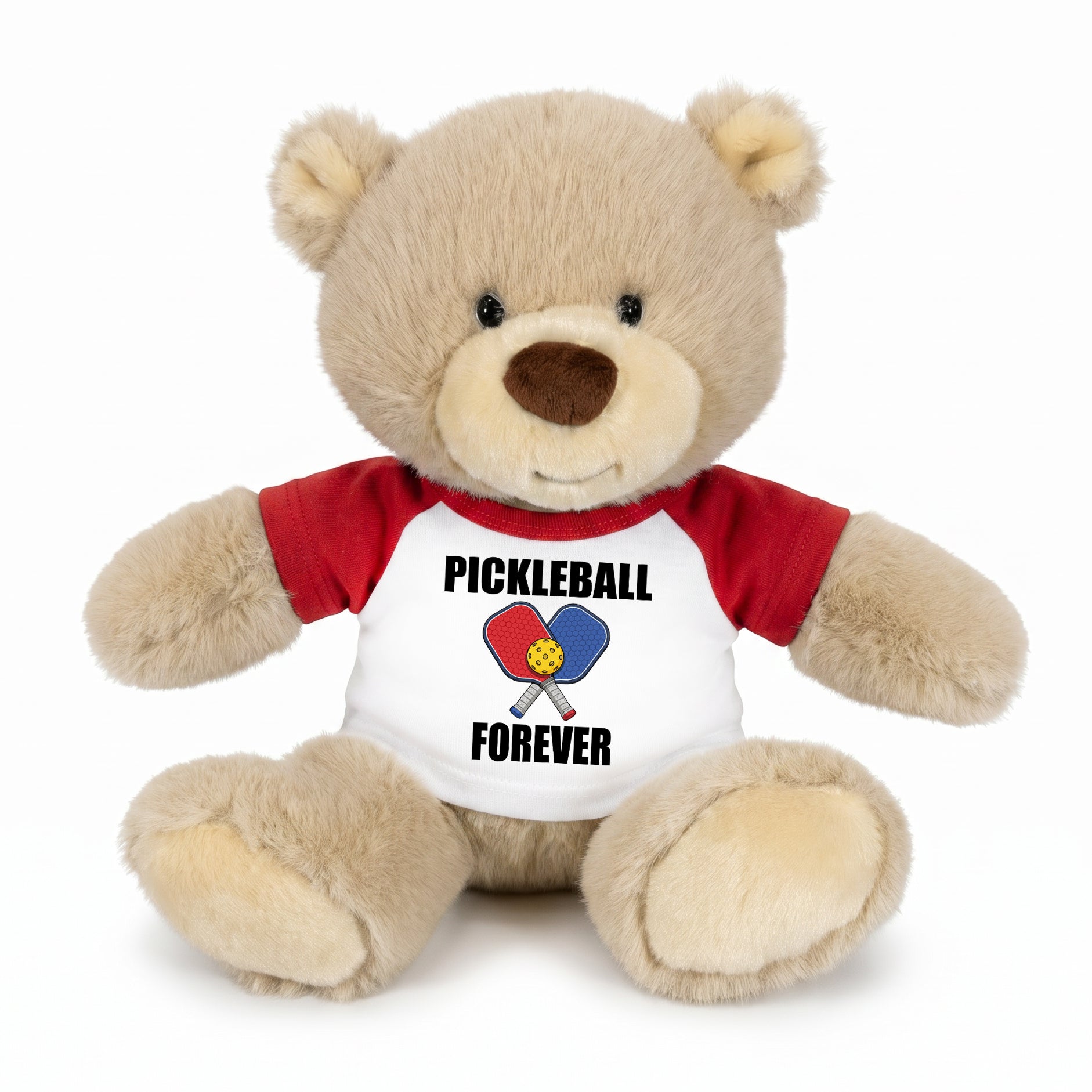 Personalized Pickleball Teddy Bear - 10" Tan Nuzzles Bear, Paddle Design - red sleeved shirt