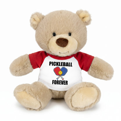 Personalized Pickleball Teddy Bear - 10" Tan Nuzzles Bear, Paddle Design - red sleeved shirt