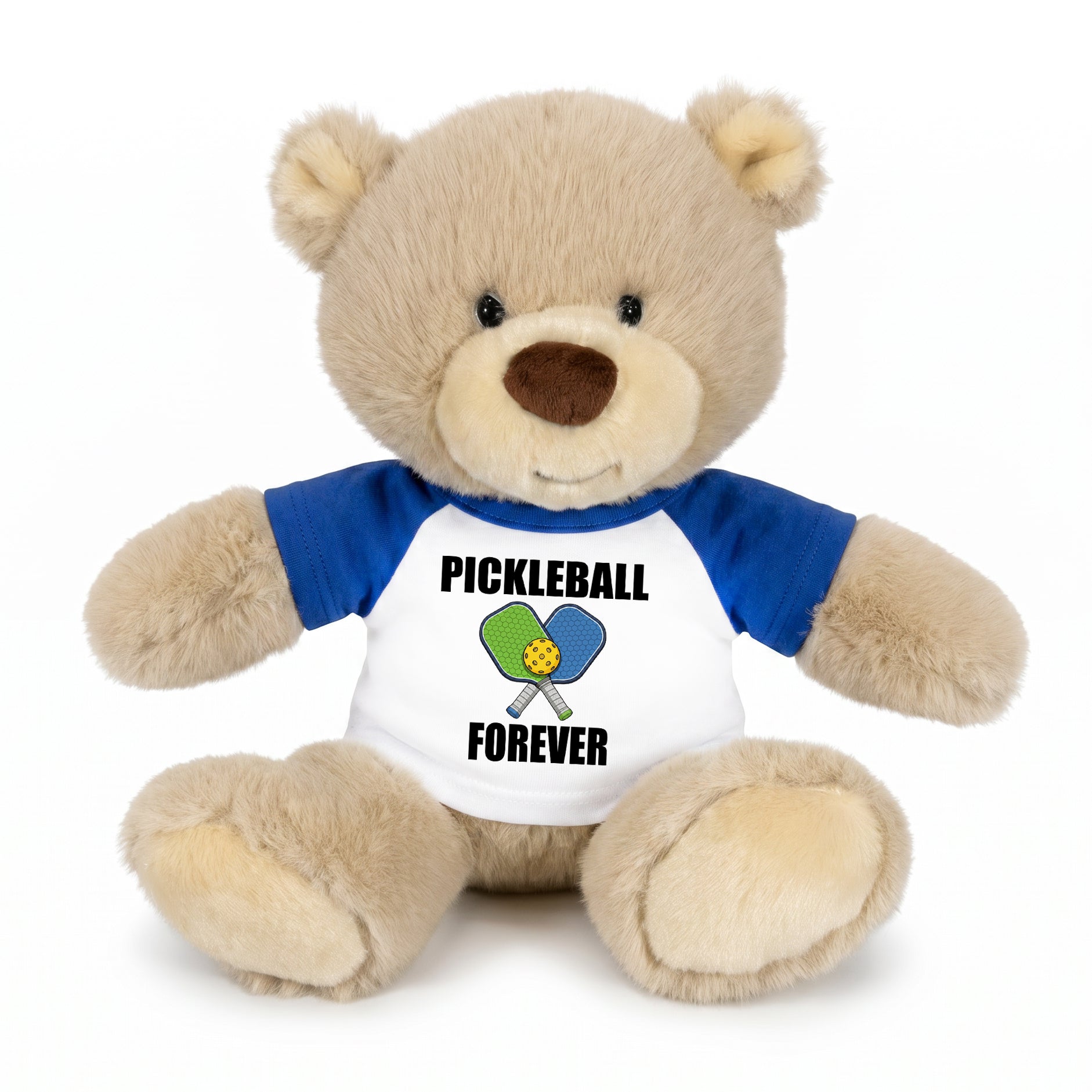 Personalized Pickleball Teddy Bear - 10" Tan Nuzzles Bear, Paddle Design - royal blue sleeved shirt