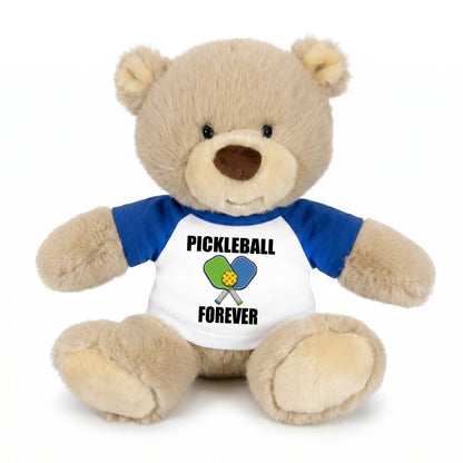 Personalized Pickleball Teddy Bear - 10" Tan Nuzzles Bear, Paddle Design - royal blue sleeved shirt