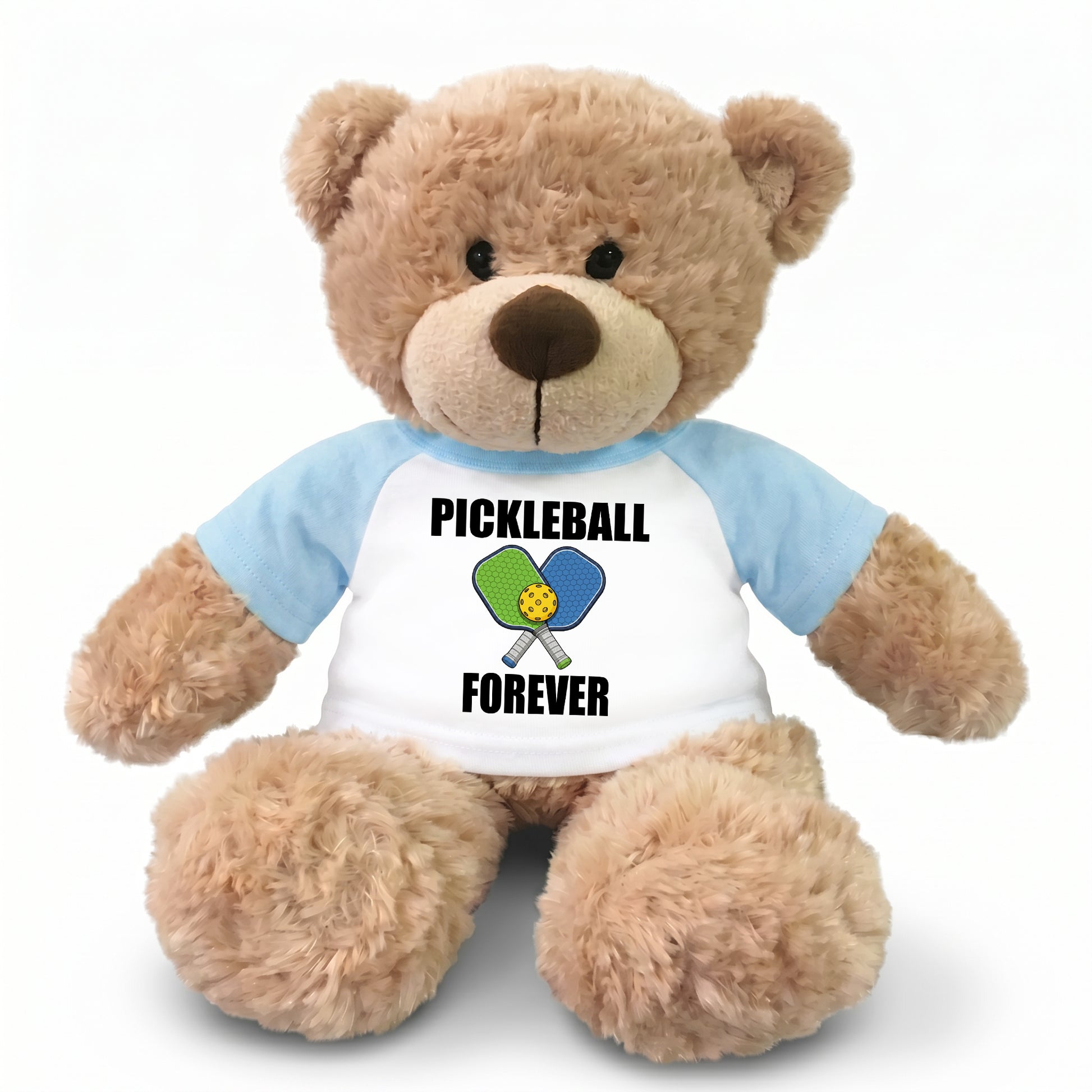 Personalized Pickleball Teddy Bear - 13" Bonny Bear, Paddle Design - light blue sleeved shirt