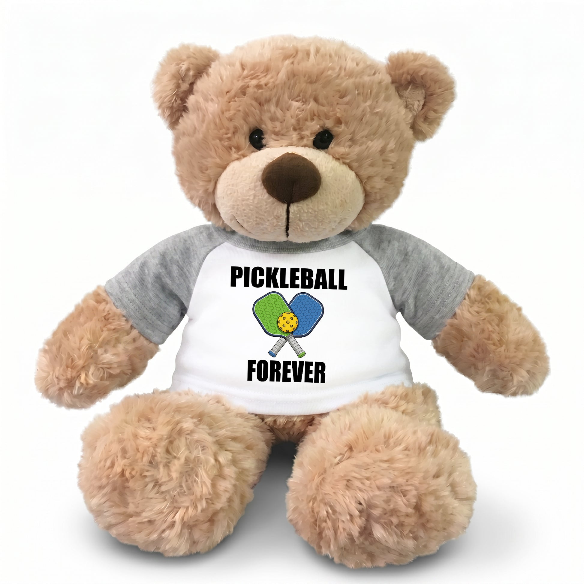 Personalized Pickleball Teddy Bear - 13" Bonny Bear, Paddle Design - grey sleeved shirt
