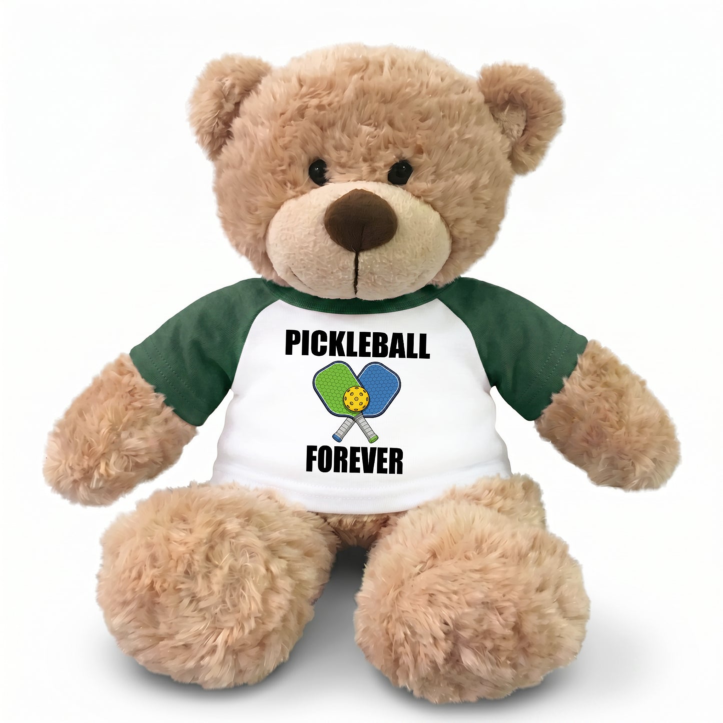 Personalized Pickleball Teddy Bear - 13" Bonny Bear, Paddle Design - green sleeved shirt