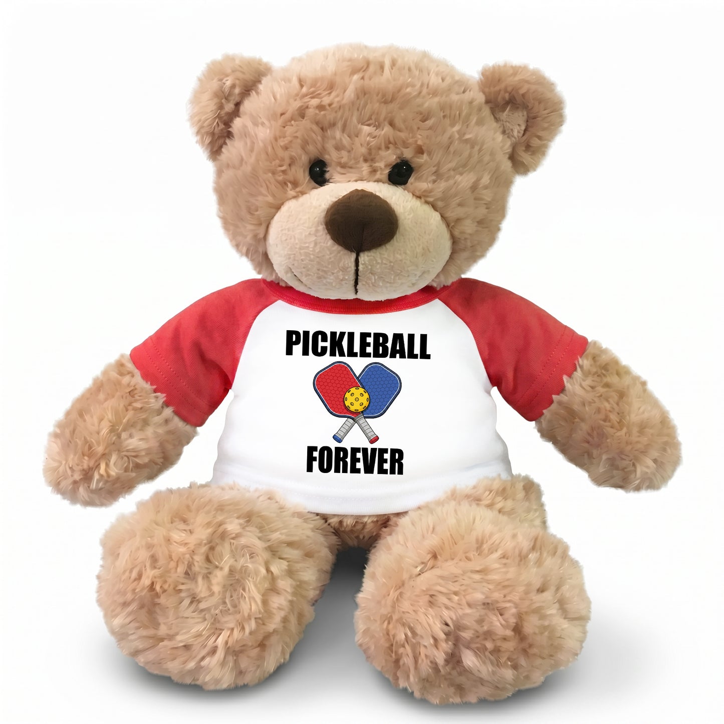 Personalized Pickleball Teddy Bear - 13" Bonny Bear, Paddle Design - red sleeved shirt
