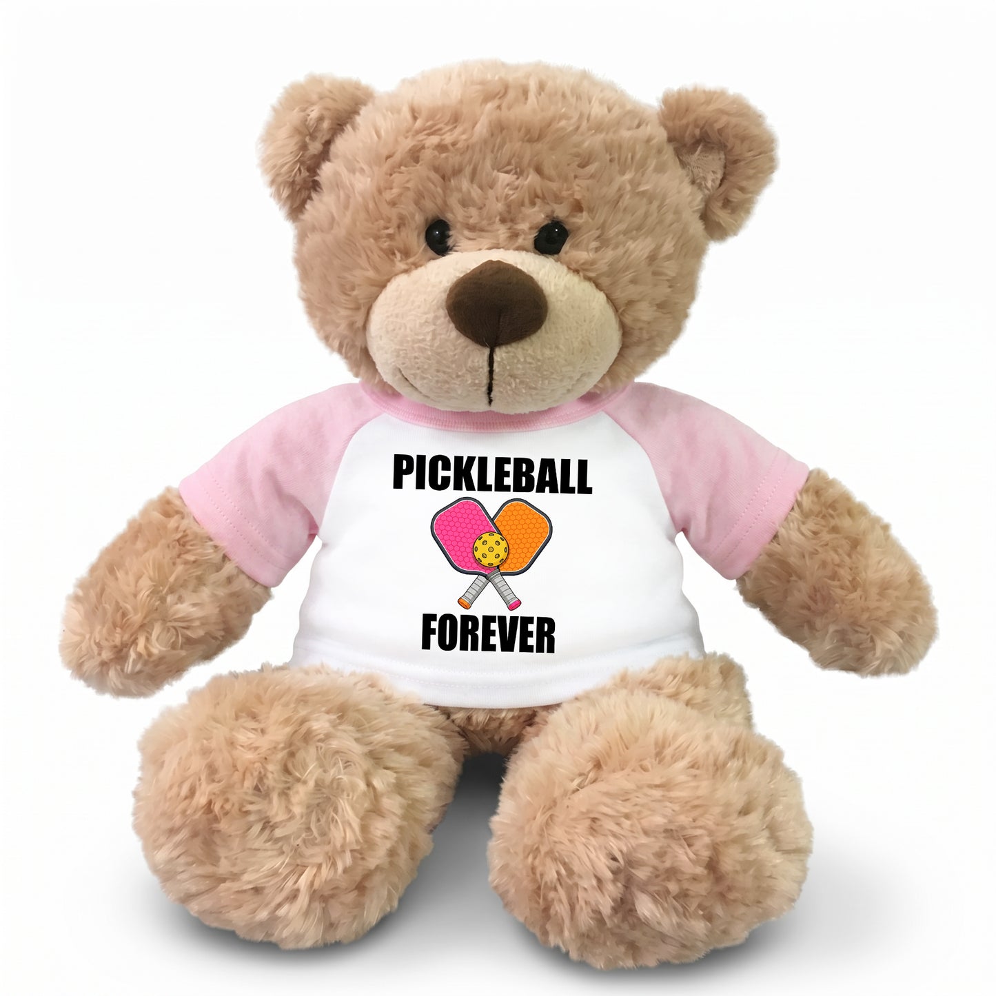 Personalized Pickleball Teddy Bear - 13" Bonny Bear, Paddle Design - Pink sleeved shirt