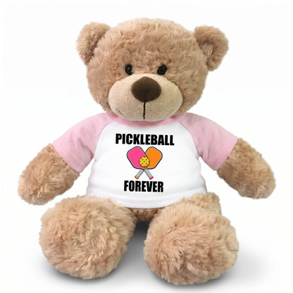 Personalized Pickleball Teddy Bear - 13" Bonny Bear, Paddle Design - Pink sleeved shirt