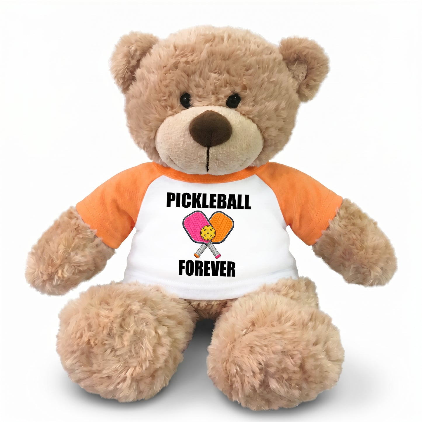 Personalized Pickleball Teddy Bear - 13" Bonny Bear, Paddle Design - orange sleeved shirt
