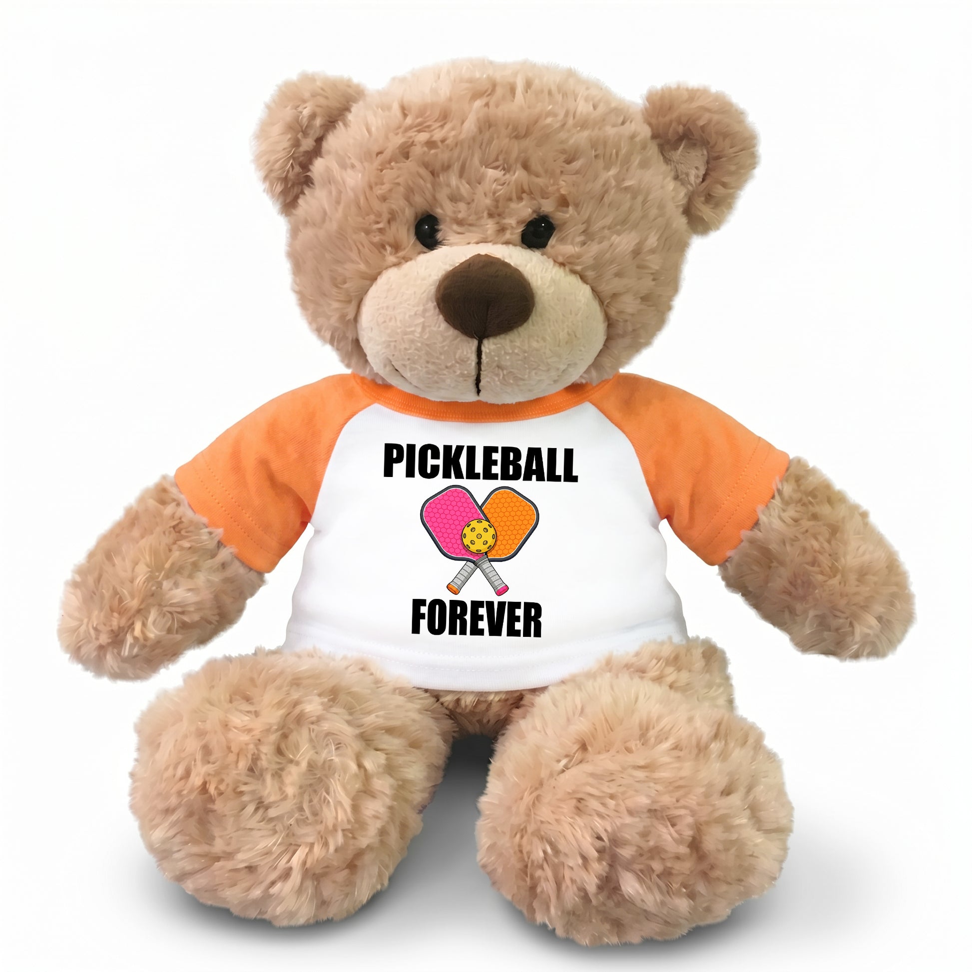 Personalized Pickleball Teddy Bear - 13" Bonny Bear, Paddle Design - orange sleeved shirt
