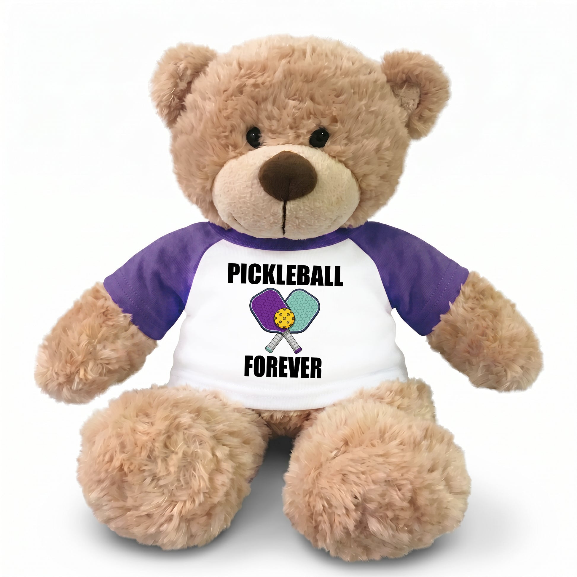 Personalized Pickleball Teddy Bear - 13" Bonny Bear, Paddle Design - purple sleeved shirt