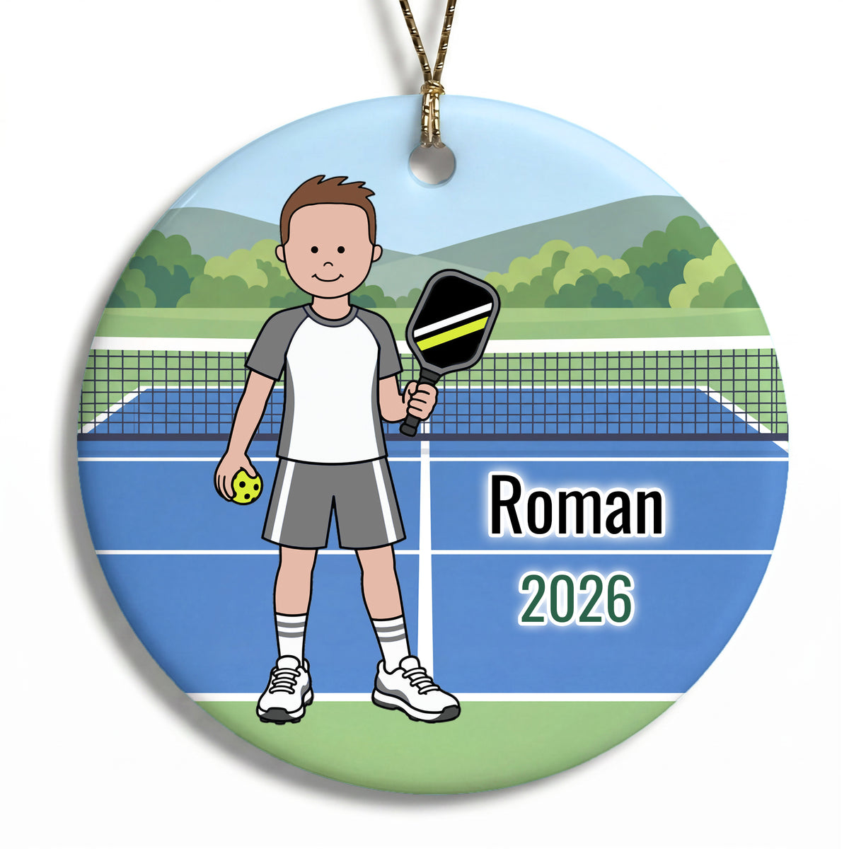 Pickleball Boy Personalized Christmas Ornament - Brown Hair w/Fair Skin, 