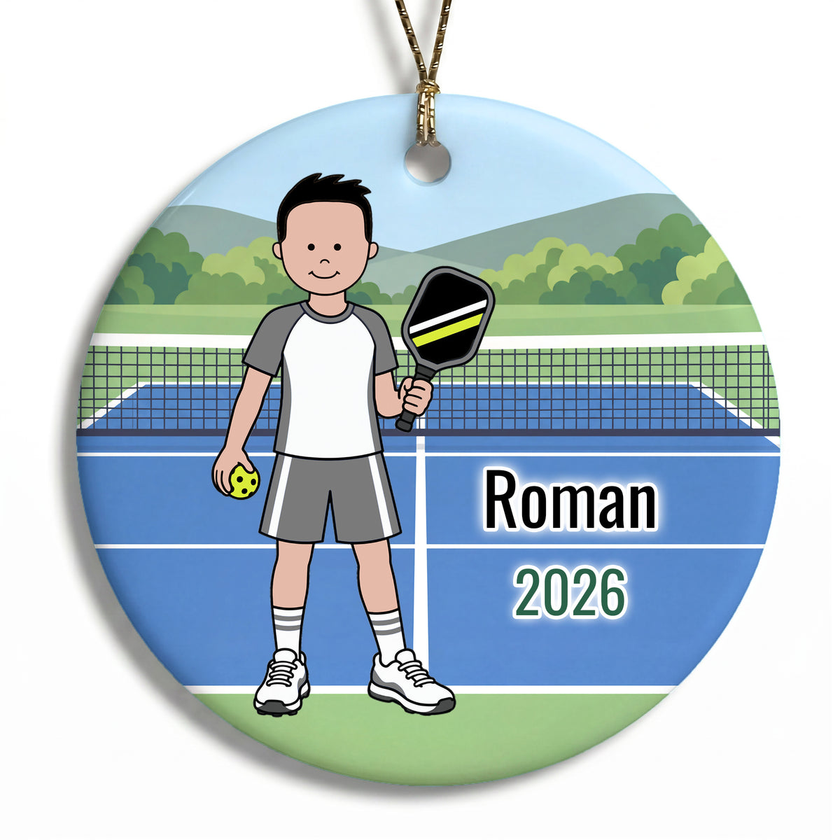 Pickleball Boy Personalized Christmas Ornament - Black Hair w/Fair Skin, 
