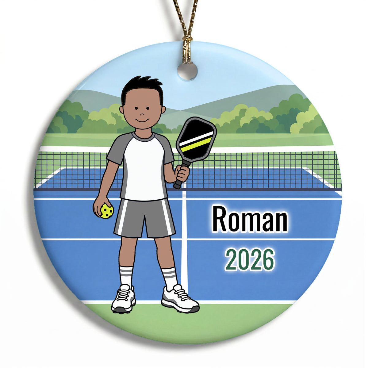Pickleball Boy Personalized Christmas Ornament - Black Straight hair w/Medium Skin, 