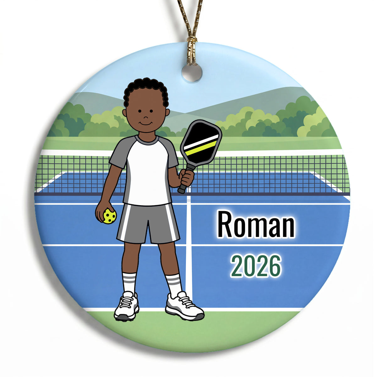 Pickleball Boy Personalized Christmas Ornament - Black Curly Hair w/Dark Skin, 