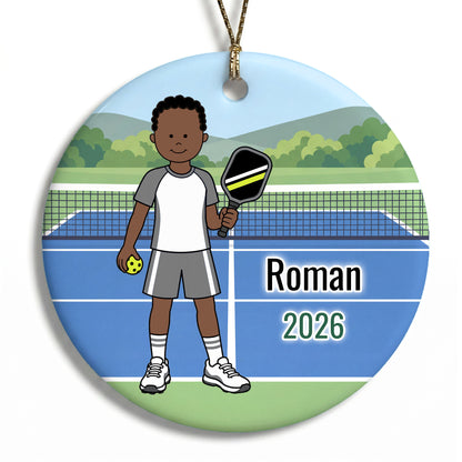 Pickleball Boy Personalized Christmas Ornament - Black Curly Hair w/Dark Skin, 