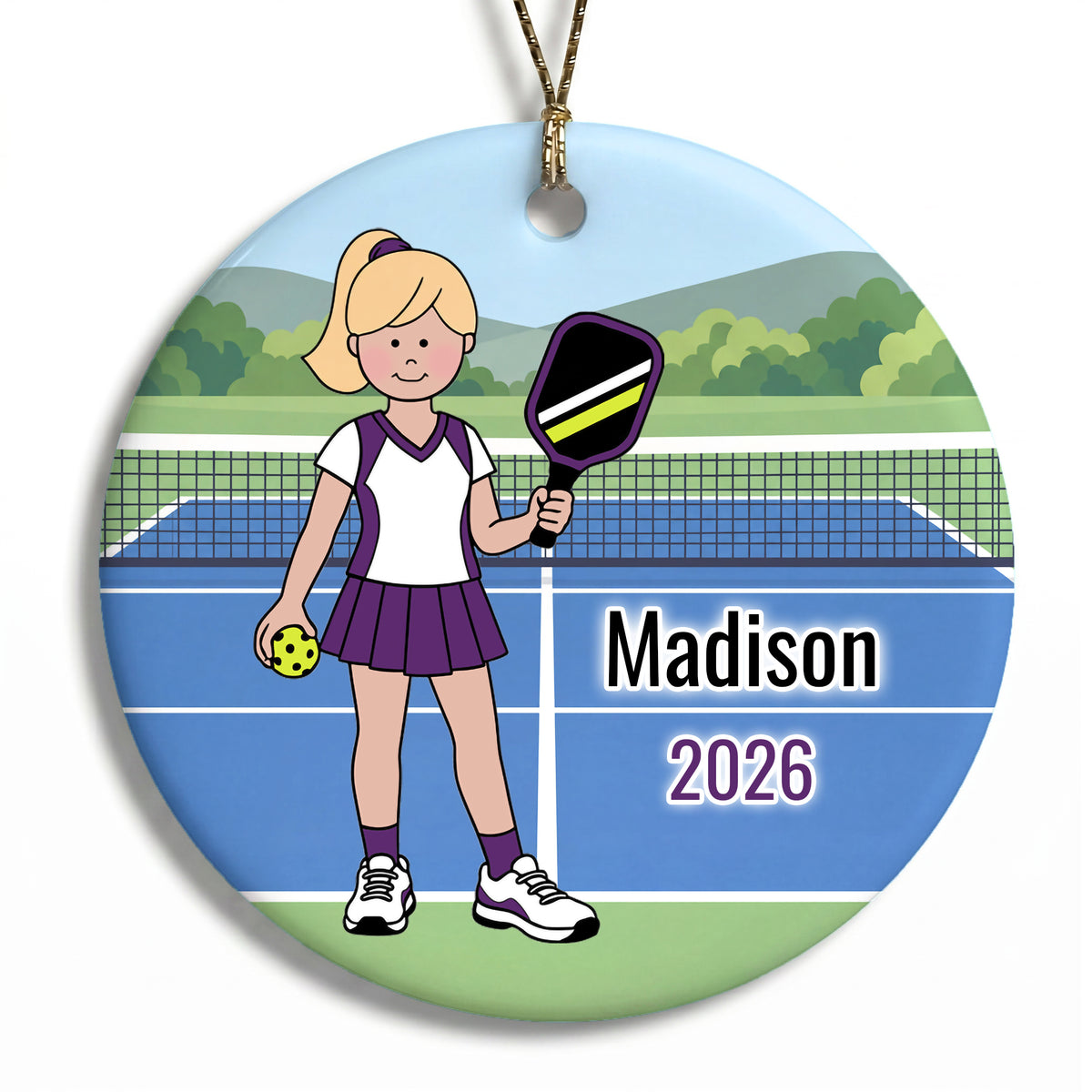 Pickleball Girl Personalized Christmas Ornament - Blonde Hair w/Fair Skin, 