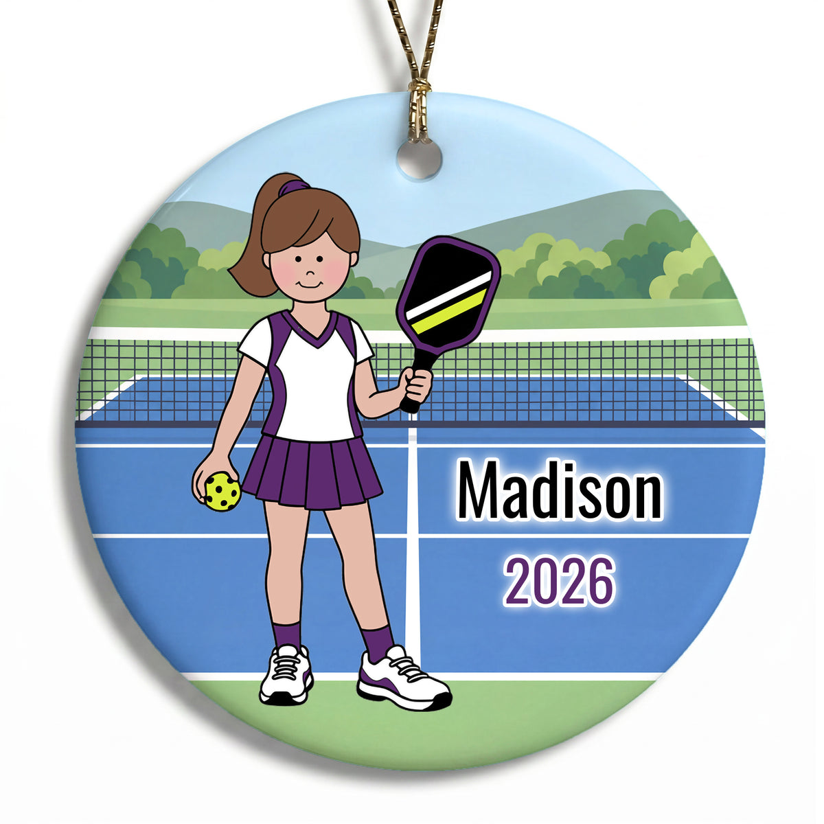 Pickleball Girl Personalized Christmas Ornament - Brown Hair w/Fair Skin, 