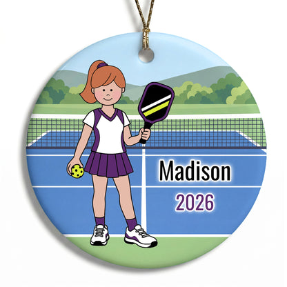 Pickleball Girl Personalized Christmas Ornament - Red Hair w/Fair Skin, 