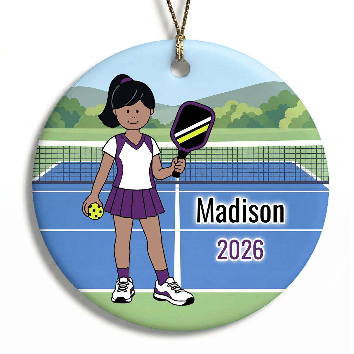 Pickleball Girl Personalized Christmas Ornament - Black Straight hair w/Medium Skin, 