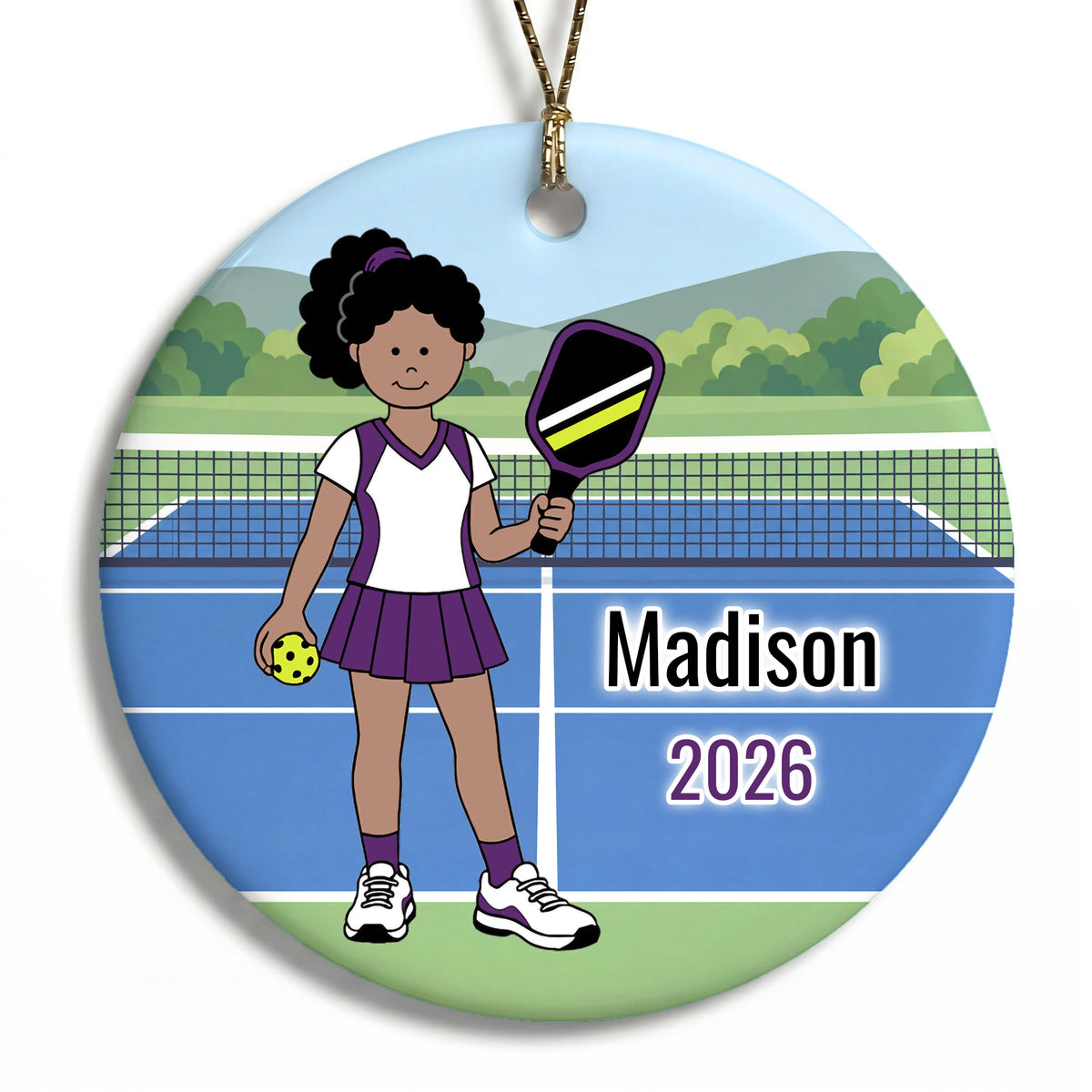 Pickleball Girl Personalized Christmas Ornament - Black Curly Hair w/Medium Skin, 