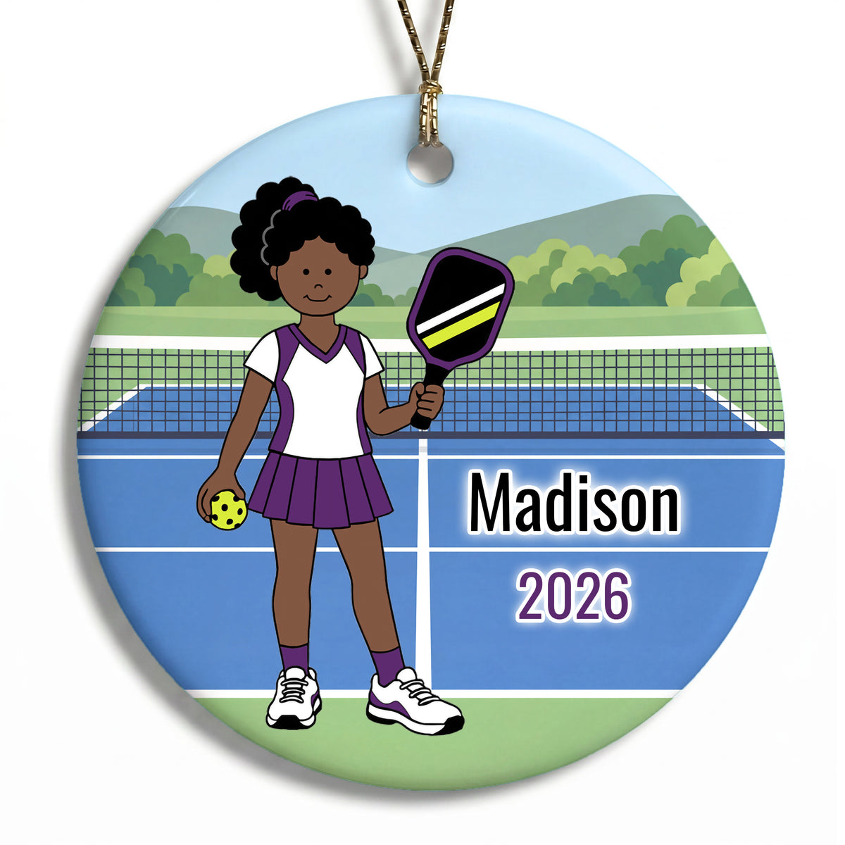 Pickleball Girl Personalized Christmas Ornament - Black Curly Hair w/Dark Skin, 