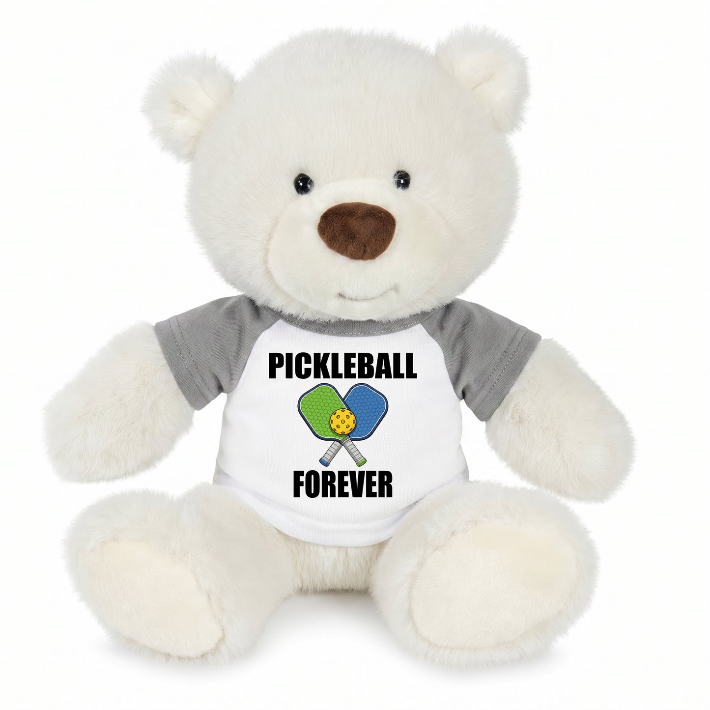 Personalized Pickleball Teddy Bear - 10" Creamy White Nuzzles Bear, Paddle Design - grey sleeved shirt