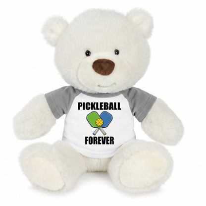 Personalized Pickleball Teddy Bear - 10" Creamy White Nuzzles Bear, Paddle Design - grey sleeved shirt