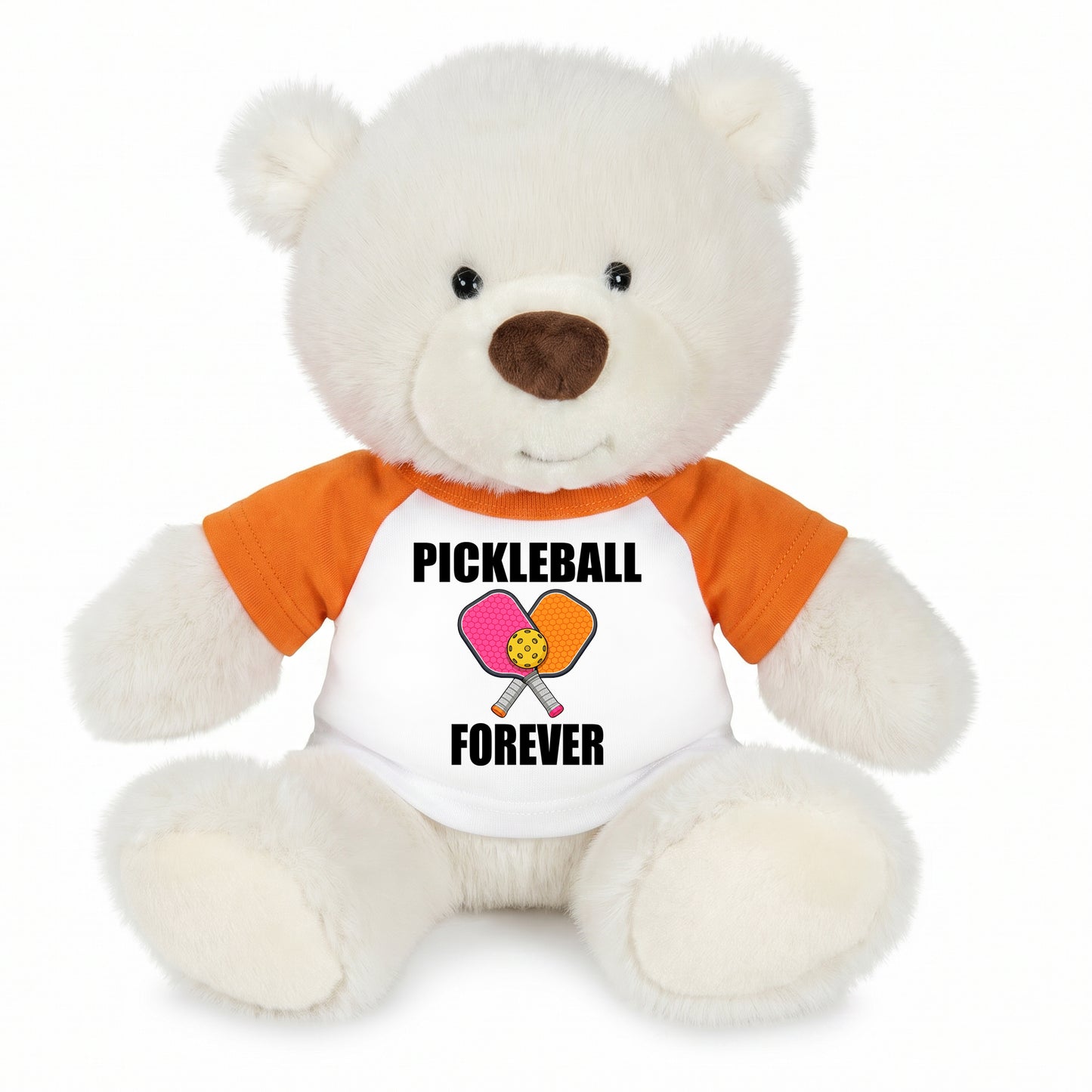 Personalized Pickleball Teddy Bear - 10" Creamy White Nuzzles Bear, Paddle Design - orange sleeved shirt