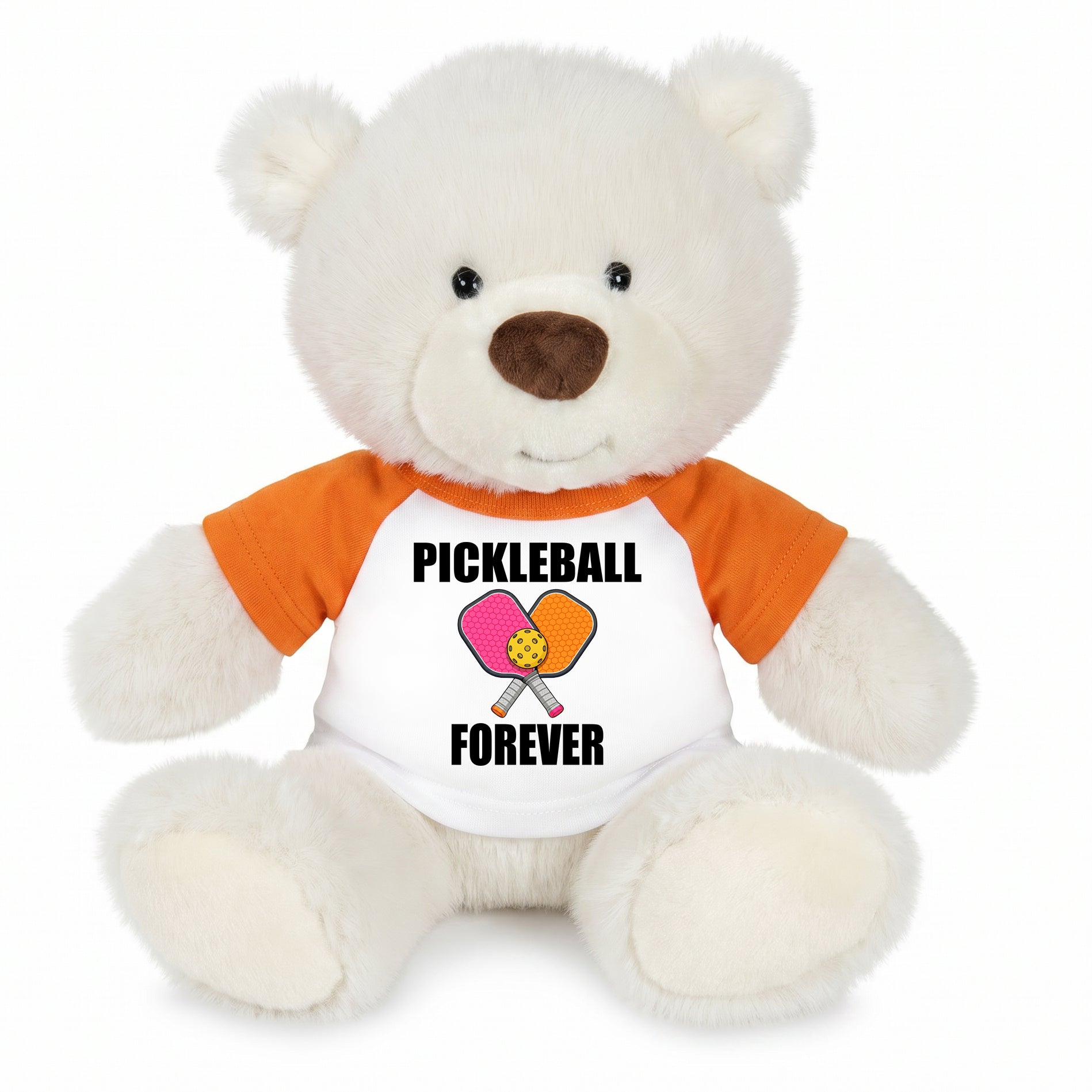 Personalized Pickleball Teddy Bear - 10" Creamy White Nuzzles Bear, Paddle Design - orange sleeved shirt