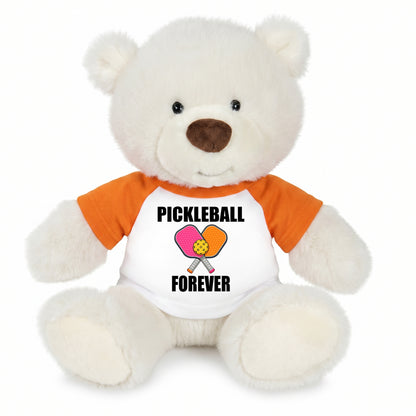 Personalized Pickleball Teddy Bear - 10" Creamy White Nuzzles Bear, Paddle Design - orange sleeved shirt
