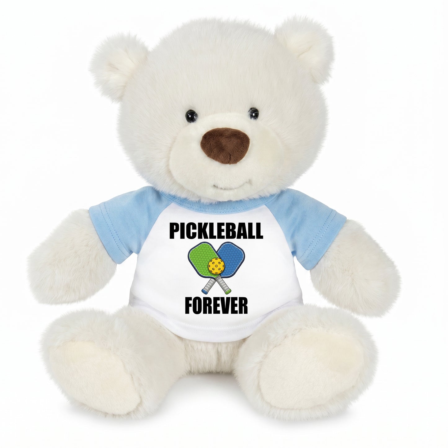 Personalized Pickleball Teddy Bear - 10" Creamy White Nuzzles Bear, Paddle Design - Light blue sleeved shirt
