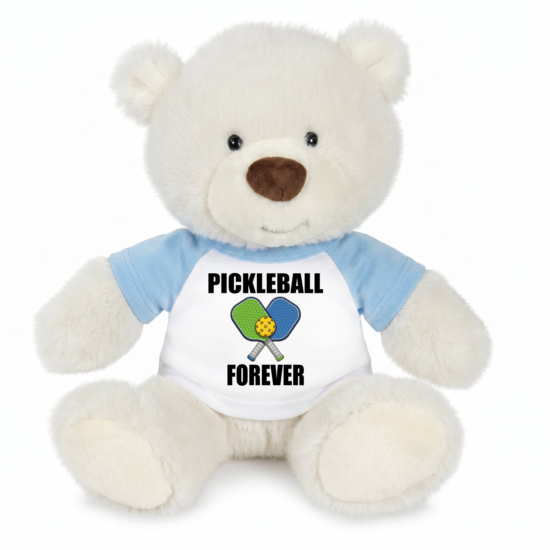 Personalized Pickleball Teddy Bear - 10" Creamy White Nuzzles Bear, Paddle Design - Light blue sleeved shirt