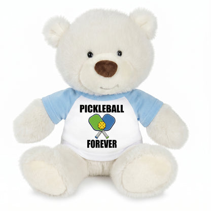 Personalized Pickleball Teddy Bear - 10" Creamy White Nuzzles Bear, Paddle Design - Light blue sleeved shirt