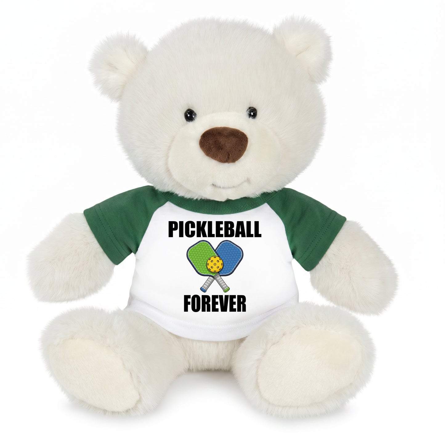 Personalized Pickleball Teddy Bear - 10" Creamy White Nuzzles Bear, Paddle Design - Green sleeved shirt
