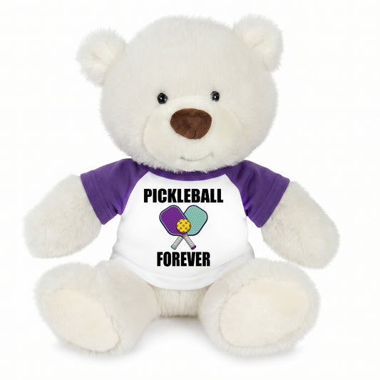Personalized Pickleball Teddy Bear - 10" Creamy White Nuzzles Bear, Paddle Design - purple sleeved shirt