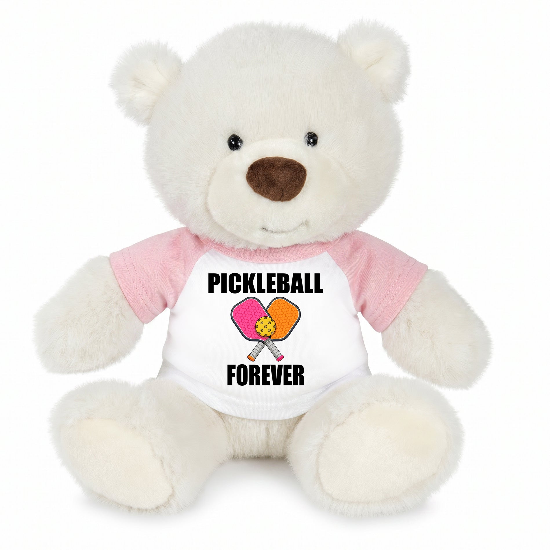 Personalized Pickleball Teddy Bear - 10" Creamy White Nuzzles Bear, Paddle Design - Pink sleeved shirt