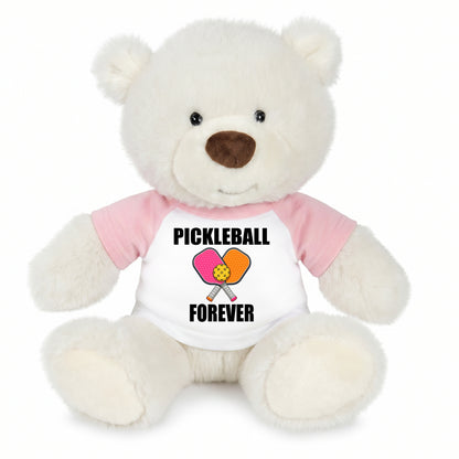 Personalized Pickleball Teddy Bear - 10" Creamy White Nuzzles Bear, Paddle Design - Pink sleeved shirt