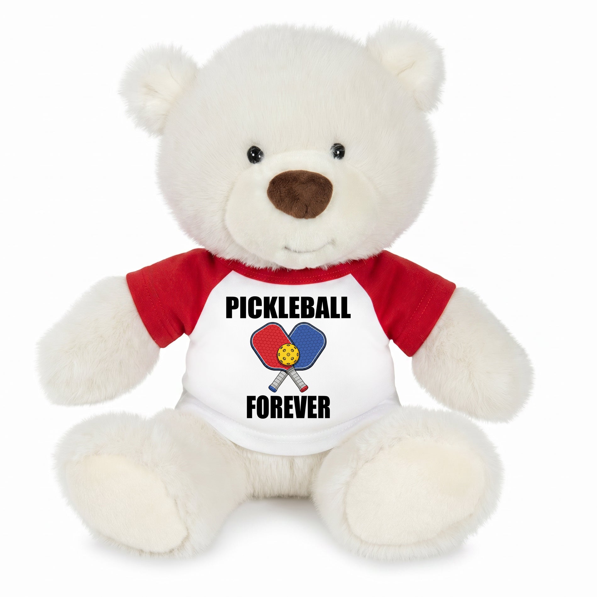 Personalized Pickleball Teddy Bear - 10" Creamy White Nuzzles Bear, Paddle Design - red sleeved shirt