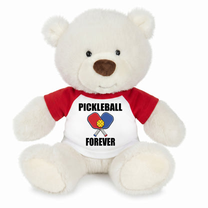 Personalized Pickleball Teddy Bear - 10" Creamy White Nuzzles Bear, Paddle Design - red sleeved shirt