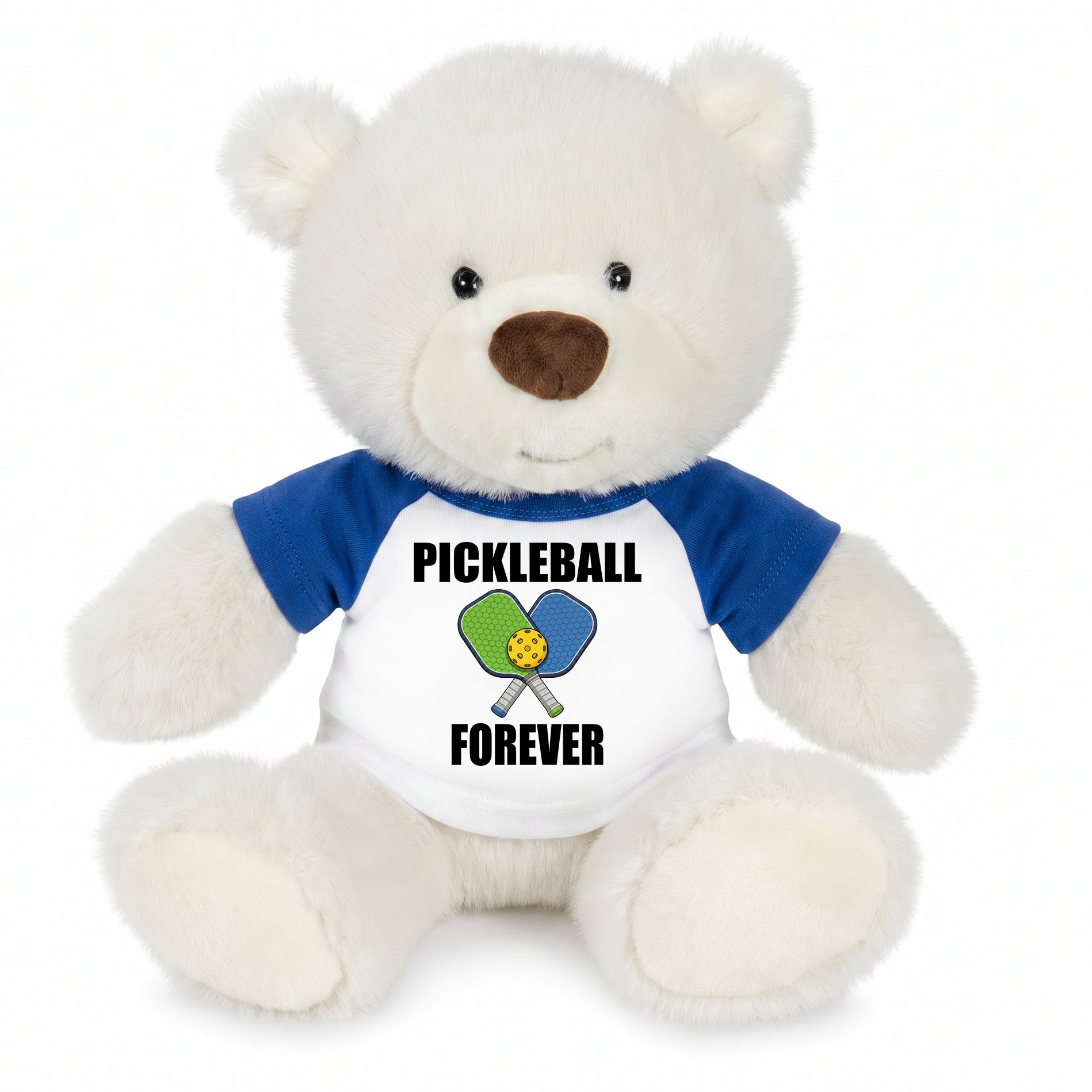 Personalized Pickleball Teddy Bear - 10" Creamy White Nuzzles Bear, Paddle Design - royal blue sleeved shirt