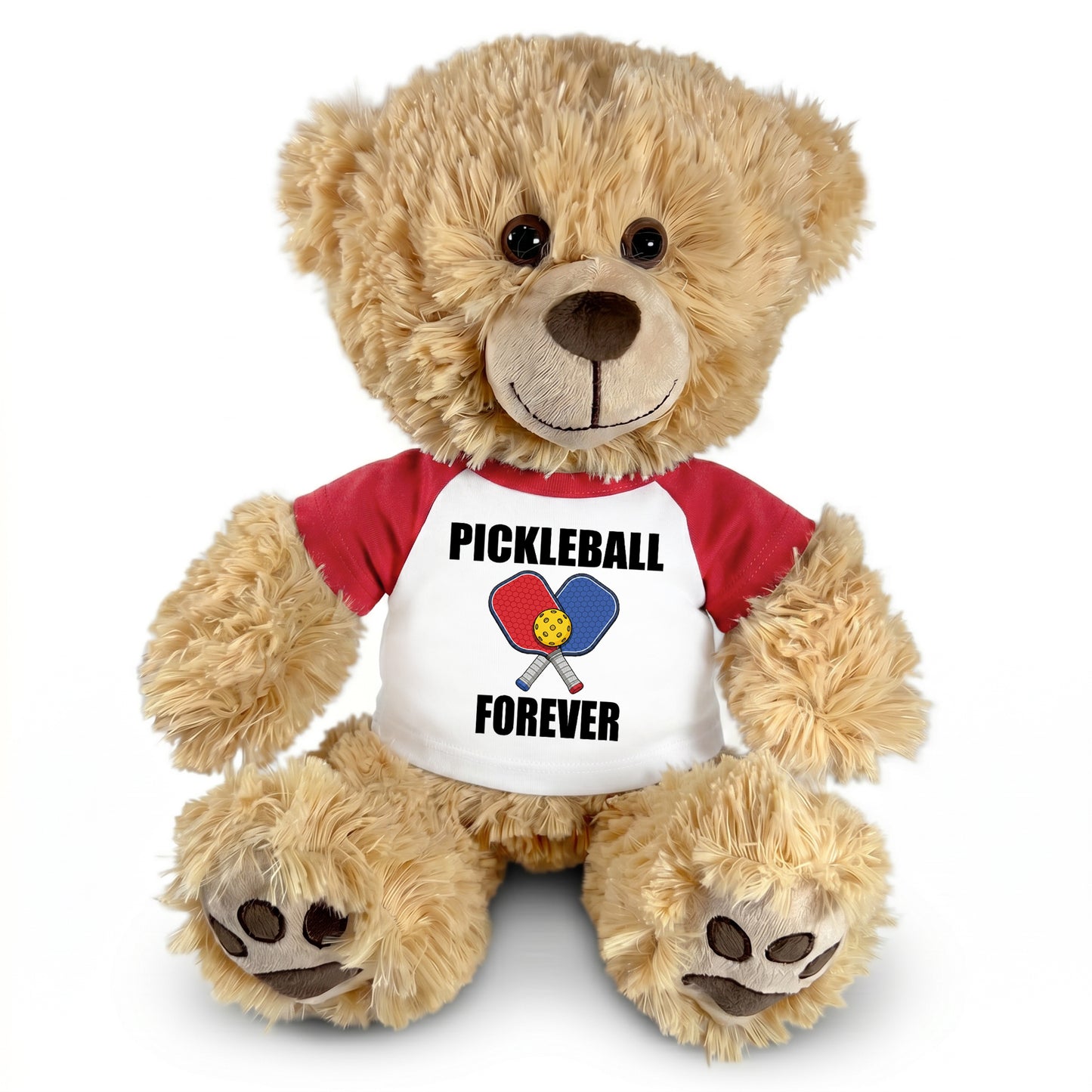 Personalized Pickleball Teddy Bear - 14" Honey Bear, Paddle Design - red sleeved shirt