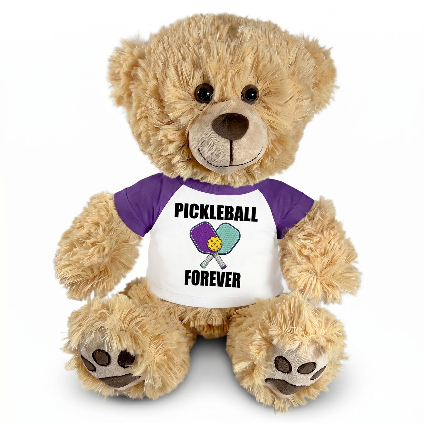 Personalized Pickleball Teddy Bear - 14" Honey Bear, Paddle Design - Purple sleeved shirt