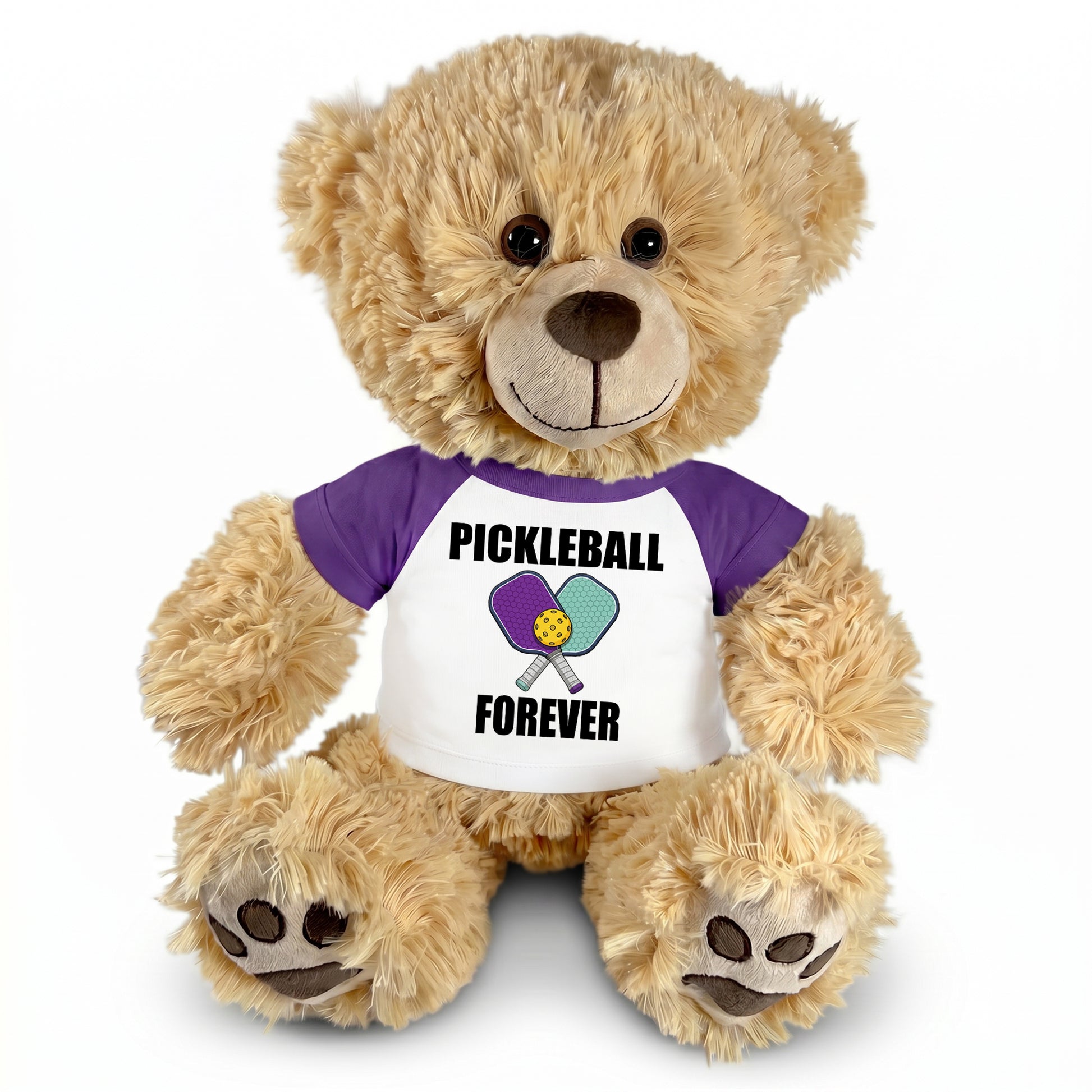 Personalized Pickleball Teddy Bear - 14" Honey Bear, Paddle Design - Purple sleeved shirt